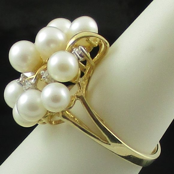 14K Gold Cultured Freshwater Pearl & Diamond Spray Ring - Size 5 - Picture 7 of 7